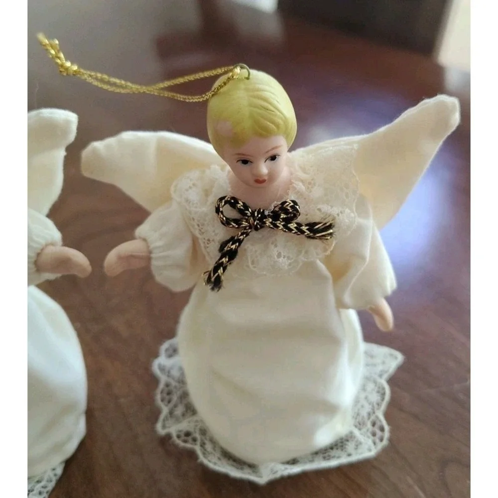 Angel Christmas Tree Ornaments Figurines Set‎ of 2 Porcelain Ceramic Lace